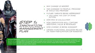 EBEV EUROPE • JULY 2016 28
STEP 1:
INNOVATION
MANAGEMENT
PLAN
▶ Why change is needed
▶ THE CHANGES TO People, Process
& To...