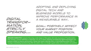 Digital
Transfor-
mation,
Strictly
speaking…
Adopting and deploying
digital tech and
business models to
improve performanc...
