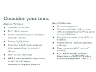 Consider your lens.
Boomers/Tweeners                            Gen X/Millenials
   Trained in formalities
              ...