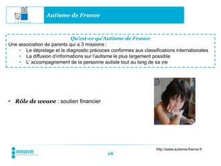 Autisme de France



                            Qu’est-ce qu’Autisme de France
Une association de parents qui a 3 missions :
    • Le dépistage et le diagnostic précoces conformes aux classifications internationales
    • La diffusion d’informations sur l’autisme le plus largement possible
    • L’ accompagnement de la personne autiste tout au long de sa vie




• Rôle de weave : soutien financier




                                                                  http://www.autisme-france.fr
                                            16
 