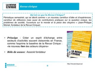 Revue civique


                            Qu’est-ce que la Revue Civique?
Périodique semestriel, qui se décrit comme « un nouveau carrefour d’idée et d’expériences,
carrefour de réflexions mais aussi de contributions pratiques sur la question civique, les
problèmes de société, l’ouverture sur le monde et la place des citoyens » (Jean-Philippe
Moinet, fondateur de la Revue Civique)




• Principe : Créer un esprit d’échange entre
  secteurs d’activités souvent cloisonnés en France,
  comme l’exprime la baseline de la Revue Civique :
  «le nouveau lien des acteurs citoyens»

• Rôle de weave : Associé fondateur



                                                                 http://revuecivique.eu/
                                            6
 
