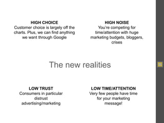 HIGH NOISE<br />You’re competing for time/attention with huge marketing budgets, bloggers, crises<br />HIGH CHOICE<br />Cu...