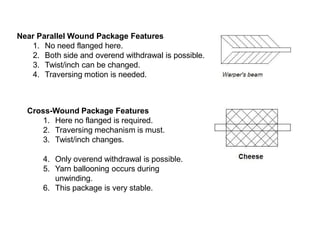 Near Parallel Wound Package Features
1. No need flanged here.
2. Both side and overend withdrawal is possible.
3. Twist/inch can be changed.
4. Traversing motion is needed.
Cross-Wound Package Features
1. Here no flanged is required.
2. Traversing mechanism is must.
3. Twist/inch changes.
4. Only overend withdrawal is possible.
5. Yarn ballooning occurs during
unwinding.
6. This package is very stable.
 