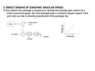 2. DIRECT DRIVING AT CONSTANT ANGULAR SPEED
In this system the package is placed on a spindle and spindle gets motion by a
motor and some gears. So, that package gets a constant angular speed. Here
yarn take up rate is directly proportional to the package dia.
 