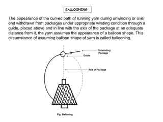 BALLOONING
The appearance of the curved path of running yarn during unwinding or over
end withdrawn from packages under appropriate winding condition through a
guide, placed above and in line with the axis of the package at an adequate
distance from it, the yarn assumes the appearance of a balloon shape. This
circumstance of assuming balloon shape of yarn is called ballooning.
 