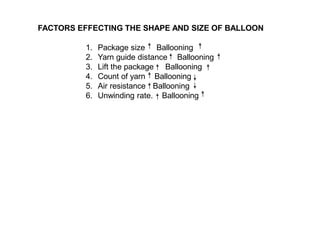 FACTORS EFFECTING THE SHAPE AND SIZE OF BALLOON
1. Package size Ballooning
2. Yarn guide distance Ballooning
3. Lift the package Ballooning
4. Count of yarn Ballooning
5. Air resistance Ballooning
6. Unwinding rate. Ballooning
 