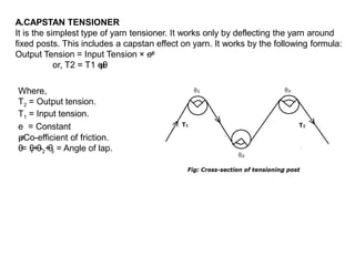 A.CAPSTAN TENSIONER
It is the simplest type of yarn tensioner. It works only by deflecting the yarn around
fixed posts. This includes a capstan effect on yarn. It works by the following formula:
Output Tension = Input Tension × eμ
θ
or, T2 = T1 e
μ
θ
Where,
T2 = Output tension.
T1 = Input tension.
e = Constant
μ
=Co-efficient of friction.
θ= θ
1+θ-2+
θ
3 = Angle of lap.
 