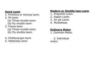 Hand Loom
1. Primitive or Vertical loom.
2. Pit loom
(a) Throw shuttle loom.
(b) Fly shuttle loom.
3. Frame loom
(a) Throw shuttle loom.
(b) Fly shuttle loom.
4. Chitttaranjan loom.
5. Hattersley loom
Modern or Shuttle less Loom
1. Projectile Loom.
2. Rapier Loom.
3. Air jet Loom.
4. Multiphase.
Ordinary Motor
1. Common Motor.
2. Individual
motor.
 