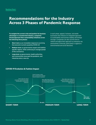 8
To navigate the current crisis and position for business
advantage in a transformed industry, companies
should approach their sustainability initiatives across
the following three phases:
•	 Short-term: as an immediate response to surviving
the economic turmoil caused by COVID-19
•	 Medium-term: as governments reopen and stabilize
specific regions, while continuing to manage spread
of the coronavirus
•	 Long-term: as governments, health authorities,
and communities move past the pandemic, and
industries enter a new era.
In each phase, apparel, footwear, and textile
businesses that embrace an integrated approach
to sustainability and business stability will emerge
stronger. Companies can also use this time to
rethink and adjust their approach to enterprise risk
and business continuity, particularly in regards to
environmental and social decisions.
Recommendations for the Industry
Across 3 Phases of Pandemic Response
Section Four:
COVID-19 Evolution & Fashion Impact
Weaving a Better Future: Rebuilding a More Sustainable Fashion Industry After COVID-19 — Section Four 8
 