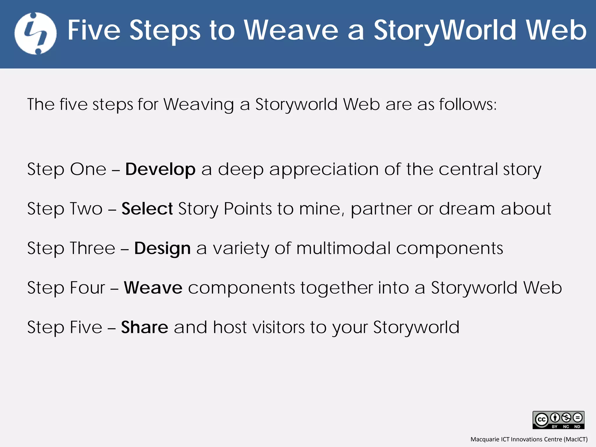 Macquarie ICT Innovations Centre (MacICT)
Five Steps to Weave a StoryWorld Web
The five steps for Weaving a Storyworld Web are as follows:
Step One – Develop a deep appreciation of the central story
Step Two – Select Story Points to mine, partner or dream about
Step Three – Design a variety of multimodal components
Step Four – Weave components together into a Storyworld Web
Step Five – Share and host visitors to your Storyworld
 