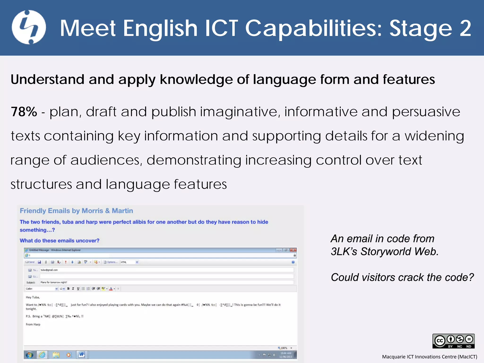 Macquarie ICT Innovations Centre (MacICT)
Meet English ICT Capabilities: Stage 2
Understand and apply knowledge of language form and features
78% - plan, draft and publish imaginative, informative and persuasive
texts containing key information and supporting details for a widening
range of audiences, demonstrating increasing control over text
structures and language features
An email in code from
3LK’s Storyworld Web.
Could visitors crack the code?
 
