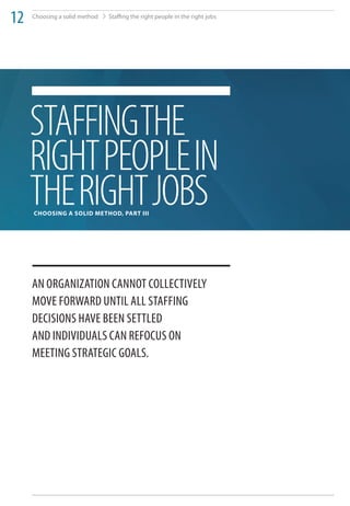 12   Choosing a solid method   Staffing the right people in the right jobs




     STAFFINGTHE
     RIGHT PEOPLE IN
     THE RIGHT JOBS
     Choosing a solid Method, Part iii




     an organization Cannot ColleCtively
     move ForWard until all StaFFing
     deCiSionS have Been Settled
     and individualS Can reFoCuS on
     meeting StrategiC goalS.
 