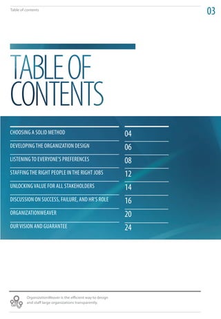 Table of contents
                                                                  03




ChooSing a Solid method                                      04
develoPing the organization deSign                           06
liStening to everyone’S PreFerenCeS                          08
StaFFing the right PeoPle in the right joBS                  12
unloCking value For all StakeholderS                         14
diSCuSSion on SuCCeSS, Failure, and hr’S role                16
organizationWeaver                                           20
our viSion and guarantee                                     24




         OrganizationWeaver is the efficient way to design
         and staff large organizations transparently.
 