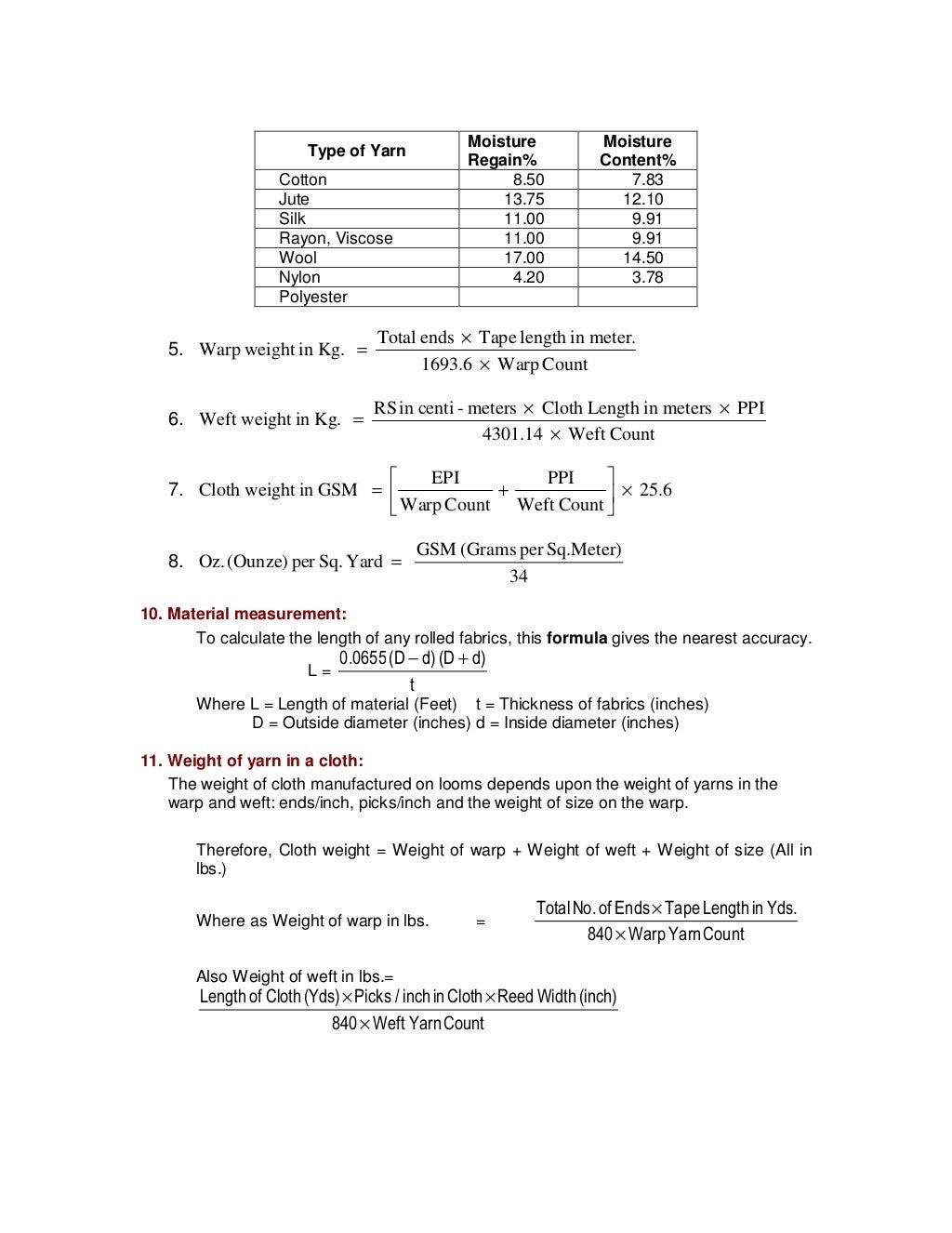 Weaving calculation