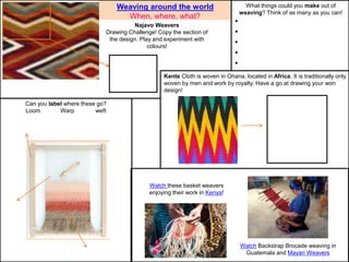 What things could you make out of
weaving? Think of as many as you can!
•
•
•
•
•
Can you label where these go?
Loom Warp weft
Watch Backstrap Brocade weaving in
Guatemala and Mayan Weavers
Najavo Weavers
Drawing Challenge! Copy the section of
the design. Play and experiment with
colours!
Watch these basket weavers
enjoying their work in Kenya!
Kente Cloth is woven in Ghana, located in Africa. It is traditionally only
woven by men and work by royalty. Have a go at drawing your won
design!
Weaving around the world
When, where, what?
 