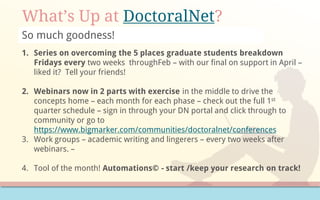What’s Up at DoctoralNet?
So much goodness!
1. Series on overcoming the 5 places graduate students breakdown
Fridays every two weeks throughFeb – with our final on support in April –
liked it? Tell your friends!
2. Webinars now in 2 parts with exercise in the middle to drive the
concepts home – each month for each phase – check out the full 1st
quarter schedule – sign in through your DN portal and click through to
community or go to
https://www.bigmarker.com/communities/doctoralnet/conferences
3. Work groups – academic writing and lingerers – every two weeks after
webinars. –
4. Tool of the month! Automations© - start /keep your research on track!
 