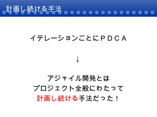 計画し続ける手法 イテレーションごとにＰＤＣＡ ↓ アジャイル開発とは プロジェクト全般にわたって 計画し続ける 手法だった！ 