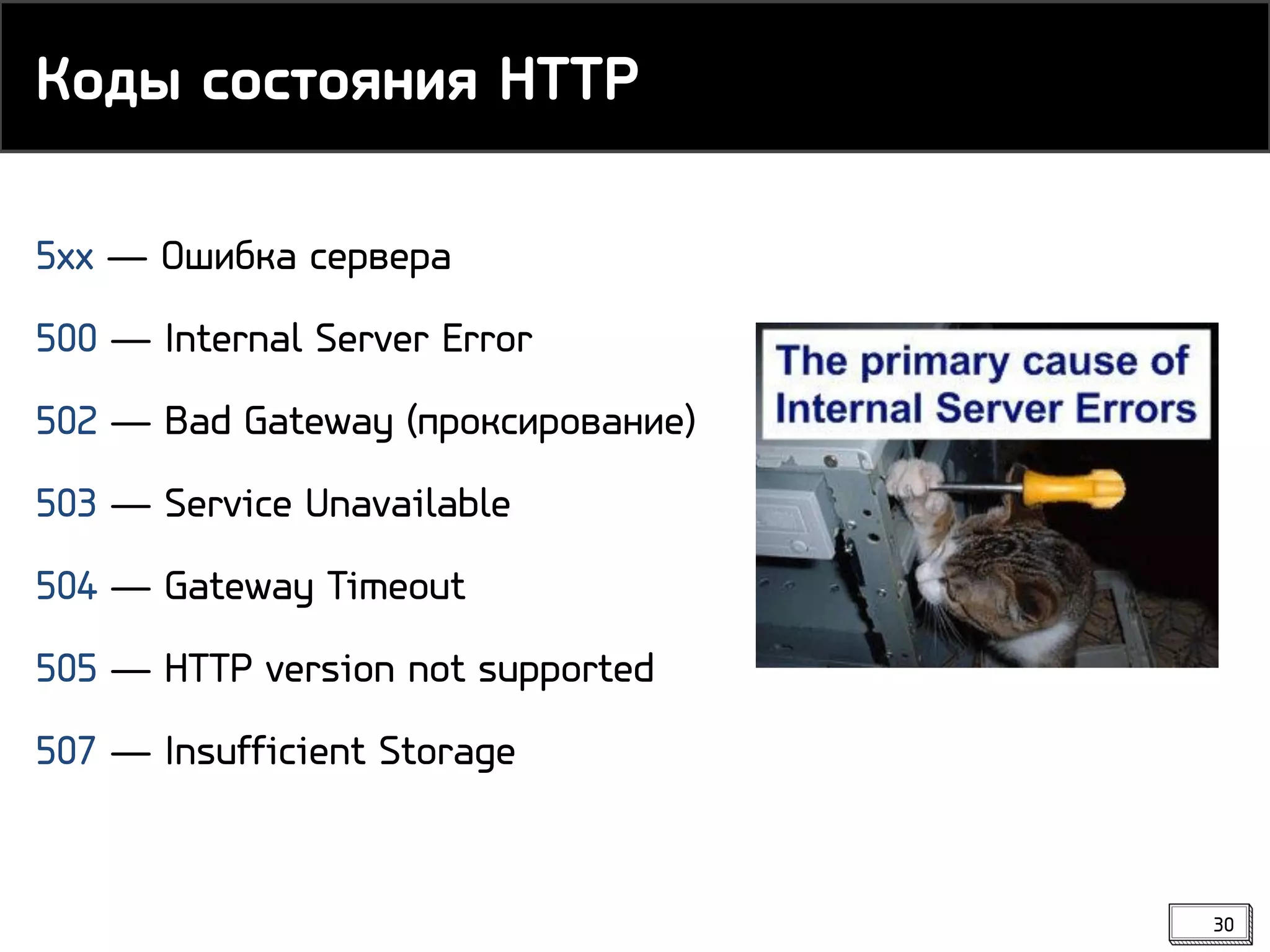 5xx ― Ошибка сервера
500 ― Internal Server Error
502 ― Bad Gateway (проксирование)
503 ― Service Unavailable
504 ― Gateway Timeout
505 ― HTTP version not supported
507 ― Insufficient Storage
Коды состояния HTTP
30
 