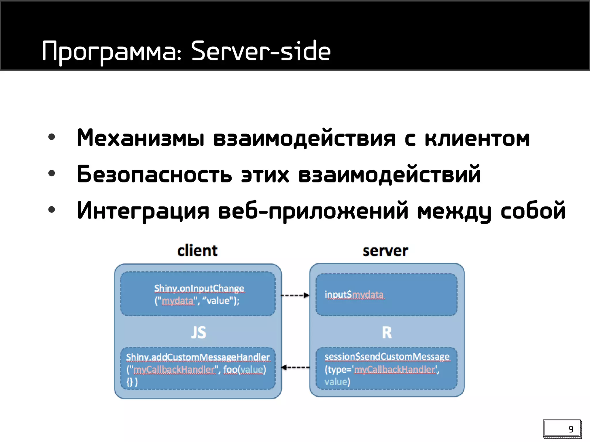 9
• Механизмы взаимодействия с клиентом
• Безопасность этих взаимодействий
• Интеграция веб-приложений между собой
Программа: Server-side
 