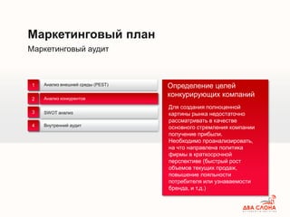 Маркетинговый аудит
Маркетинговый план
Анализ внешней среды (PEST)
Анализ конкурентов
Внутренний аудит
1
2
3
4
SWOT анализ
Анализ конкурентов
Для создания полноценной
картины рынка недостаточно
рассматривать в качестве
основного стремления компании
получение прибыли.
Необходимо проанализировать,
на что направлена политика
фирмы в краткосрочной
перспективе (быстрый рост
объемов текущих продаж,
повышение лояльности
потребителя или узнаваемости
бренда, и т.д.)
Определение целей
конкурирующих компаний
 