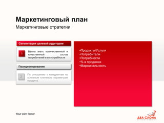 Your own footer
Маркетинговые стратегии
Маркетинговый план
2
По отношению к конкурентам по
основным ключевым параметрам
продукта.
В области освоения рынков
Важно знать количественный и
качественный состав
потребителей и их потребности
Сегментация целевой аудитории
1
Позиционирование
•Продукты/Услуги
•Потребители
•Потребности
•% в продажах
•Маржинальность
 