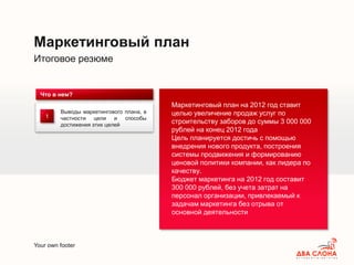 Your own footer
Итоговое резюме
Маркетинговый план
Выводы маркетингового плана, в
частности цели и способы
достижения этих целей
Что в нем?
Маркетинговый план на 2012 год ставит
целью увеличение продаж услуг по
строительству заборов до суммы 3 000 000
рублей на конец 2012 года
Цель планируется достичь с помощью
внедрения нового продукта, построения
системы продвижения и формированию
ценовой политики компании, как лидера по
качеству.
Бюджет маркетинга на 2012 год составит
300 000 рублей, без учета затрат на
персонал организации, привлекаемый к
задачам маркетинга без отрыва от
основной деятельности
1
 