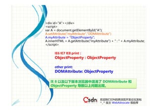 <div id="A"></div>
<script>
var A = document.getElementById("A");
A.setAttribute("myAttribute","DOMAttribute")
A.myAttribute = "ObjectProperty";
A.innerHTML = A.getAttribute("myAttribute") + " : " + A.myAttribute;
</script>

      IE6 IE7 IE8 print :
      ObjectProperty : ObjectProperty

      other print:
      DOMAttribute: ObjectProperty

   IE 8 以及以下版本浏览器中混淆了 DOMAttribute 和
   ObjectProperty 导致以上问题出现。


                                     欢迎到CSDN的跨浏览开发论坛发帖
                                     ^_^ 版主 WebAdvocate 很彪悍
 