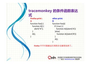 tracemonkey 的条件函数表达
式
Firefox print :     other print:
A                   B
function foo() {    function foo(){
   function A() {      if ( true ) {
     alert("A");          function A(){alert('A')}
   }                    }else{
   A();                    function A(){alert('B')}
}                       }
                        A();
                    } 
    Firefox 中不可能被运行到的分支被优化掉了。




                          欢迎到CSDN的跨浏览开发论坛发帖
                          ^_^ 版主 WebAdvocate 很彪悍
 