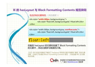 IE 的 hasLayout 与 Block Formatting Contents 规范异同
          包含浮动元素特性 ( 浮动清理 )：
          <div style="width:300px; background:gray;">
                    <div style="float:left; background:gold;">float:left</div>
          </div>

          <div style="width:300px; background:gray; overflow:auto;">
                    <div style="float:left; background:gold;">float:left</div>
          </div>




         在触发 hasLayout 的元素和创建了 Block Formatting Contexts
         的元素中，浮动元素参与高度的计算。

         【注】:IE8 标准文档模式下触发了 haslayout 特性的元素不再拥有"清理" 浮动元素
         功能，它回归了标准的 Block Formatting Contexts 规范 ，只有创建 BFC 后才拥
         有此功能。

                                                欢迎到CSDN的跨浏览开发论坛发帖
                                                ^_^ 版主 WebAdvocate 很彪悍
 