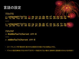 言語の設定
721c731
< LanguagePriority   ja en ca cs da de el eo es et fr he
hr it ko ltz nl nn   no pl pt pt-BR ru sv zh-CN zh-TW
---
> LanguagePriority   en ca cs da de el eo es et fr he hr
it ja ko ltz nl nn   no pl pt pt-BR ru sv zh-CN zh-TW

737c747
< #AddDefaultCharset UTF-8
---
> AddDefaultCharset UTF-8


・ エラードキュメント等で優先的に表示される言語を日本語にする(先頭をjaにする)。

・ デフォルト設定を無効にする(メタタグで文字コード指定されてない場合に強制的に変換表示され化けるのを防ぐ)
 