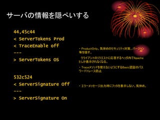 サーバの情報を隠ぺいする

 44,45c44
 < ServerTokens Prod
 < TraceEnable off
                         ・ ProductOnly。気休めのセキュリティ対策。バージョン
 ---                     等を隠す。
                          クライアントのリクエストに応答するヘッダ内でApache
 > ServerTokens OS       としか表示されなくなる。
                         ・ Traceメソッドを使えないようにするBasic認証のパス
                         ワードトレース防止

 532c524
 < ServerSignature Off   ・ エラーメッセージ出力時にフッタを表示しない。気休め。
 ---
 > ServerSignature On
 