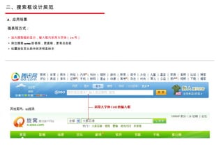 二、搜索框设计规范 2.  应用场景 强表现方式：  加大搜索框的显示，输入框内采用大字体（ 14 号） 突出搜索 button 的表现，更直观，更有点击欲 位置放在页头的中间并明显标示 