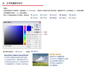 五、文字的编排与设计 深蓝色 当使用纯蓝色为文字颜色时，明度数值（ B ）不大于 60% 。当蓝色介于纯蓝往天蓝之间的时候，根据色相不同，应对明度值（ B ）作相应调整。 当色相越接近天蓝时，（ B ）值应该越低。 很多门户网站使用蓝色为文字颜色，常用的有 建议使用天蓝色的：  纯蓝色： 