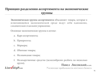 Принцип разделения ассортимента на экономические
группы
15
Павел&&Лисовский,&к.э.н.&
Увеличение прибыльности аптечного бизнеса
Экономическая&группа&ассортимента#объединяет#товары,#которые#в#
изменяющейся# экономической# среде# ведут# себя# одинаково,#
следовательно#отдельное#управление.##
Основные#экономические#группы#в#аптеке:#
a. Ядро#ассортимента;#
b. Приоритеты;#
c. Маркеры;#
d. Обычные#товары;#
e. Неликвидные#товары;#
f. Нелекарственные# средства# (целесообразно# разбить# на# несколько#
групп).
 