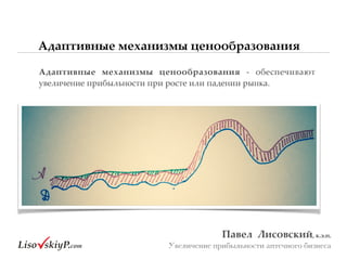Адаптивные механизмы ценообразования
Павел&&Лисовский,&к.э.н.&
Увеличение прибыльности аптечного бизнеса
Адаптивные& механизмы& ценообразования& g# обеспечивают#
увеличение#прибыльности#при#росте#или#падении#рынка.##
 