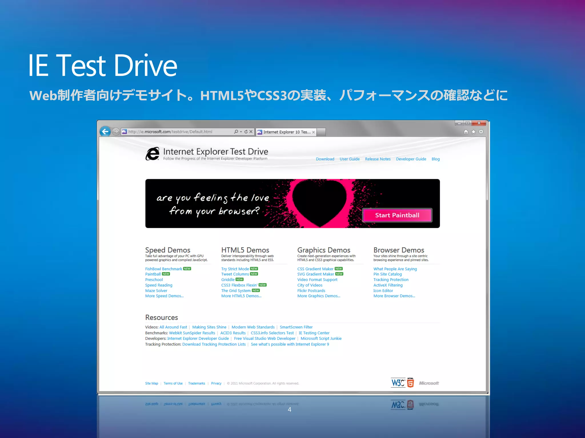 IE Test Drive
Web制作者向けデモサイト。HTML5やCSS3の実装、パフォーマンスの確認などに




                      4
 