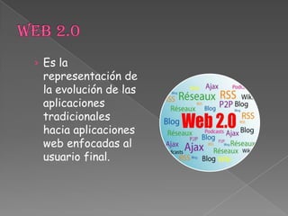 Web 2.0Es la representación de la evolución de las aplicaciones tradicionales hacia aplicaciones web enfocadas al usuario final.