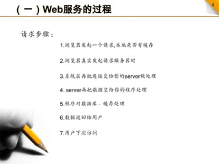 （一）Web服务的过程请求步骤：1.浏览器发起一个请求,本地是否有缓存2.浏览器真实发起请求服务器时  3.系统层再把连接交给你的server做处理4. server再把数据交给你的程序处理5.程序对数据库、缓存处理6.数据返回给用户7.用户下次访问