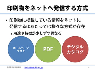 印刷物をネットへ発信する方式
• 印刷物に掲載している情報をネットに
 発信するにあたっては様々な方式が存在
     用途や特徴が少しずつ異なる


                                          デジタル
      ホームページ
       ブログ                          PDF   カタログ


株式会社吉田印刷所   http://www.ddc.co.jp/                6
 