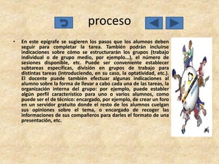 proceso
•   En este epígrafe se sugieren los pasos que los alumnos deben
    seguir para completar la tarea. También podrán incluirse
    indicaciones sobre cómo se estructurarán los grupos (trabajo
    individual o de grupo medio, por ejemplo...), el número de
    sesiones disponible, etc. Puede ser conveniente establecer
    subtareas específicas, división en grupos de trabajo para
    distintas tareas (introduciendo, en su caso, la optatividad, etc.).
    El docente puede también efectuar algunas indicaciones al
    alumno sobre la forma de llevar a cabo cada una de las tareas, la
    organización interna del grupo: por ejemplo, puede establer
    algún perfil característico para uno o varios alumnos, como
    puede ser el de técnico: encargado, por ejemplo, de crear un foro
    en un servidor gratuito donde el resto de los alumnos cuelgan
    sus opiniones sobre el tema, o encargado de recoger las
    informaciones de sus compañeros para darles el formato de una
    presentación, etc.
 