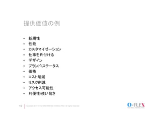 提供価値の例	

     •       新規性
     •       性能
     •       カスタマイゼーション
     •       仕事を片付ける
     •       デザイン
     •       ブランド/ステータス
     •       価格
     •       コスト削減
     •       リスク削減
     •       アクセス可能性
     •       利便性/使い易さ


10        Copyright 2011 O-FLEX BUSINESS CONSULTING All rights reserved
 