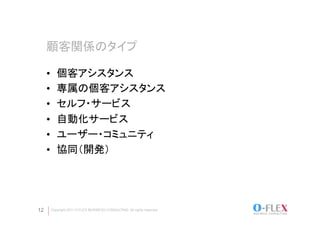 顧客関係のタイプ	

     •    個客アシスタンス
     •    専属の個客アシスタンス
     •    セルフ・サービス
     •    自動化サービス
     •    ユーザー・コミュニティ
     •    協同（開発）	




12    Copyright 2011 O-FLEX BUSINESS CONSULTING All rights reserved
 