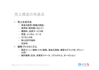 売上構造の考慮点	
     •  売上生成方法
          –    資産の販売（物権の移転）
          –    使用料（使用量に応じて）
          –    購読料、会員サービス料
          –    賃貸、レンタル、リース
          –    ライセンス料
          –    取り次ぎ手数料
          –    広告料
     •  価格づけメカニズム
          –  固定メニュー価格（リスト価格、製品仕様毎、顧客セグメント別、ボリュー
             ム別）
          –  動的価格（交渉、歩留まりベース、リアルタイム、オークション）



13   Copyright 2011 O-FLEX BUSINESS CONSULTING All rights reserved
 
