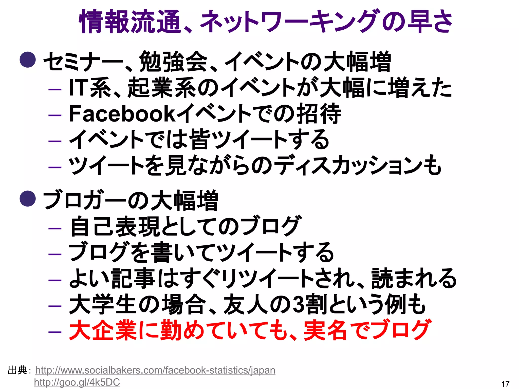 情報流通、ネットワーキングの早さ
   セミナー、勉強会、イベントの大幅増
        – IT系、起業系のイベントが大幅に増えた
        – Facebookイベントでの招待
        – イベントでは皆ツイートする
        – ツイートを見ながらのディスカッションも
   ブロガーの大幅増
        – 自己表現としてのブログ
        – ブログを書いてツイートする
        – よい記事はすぐリツイートされ、読まれる
        – 大学生の場合、友人の3割という例も
        – 大企業に勤めていても、実名でブログ
出典： http://www.socialbakers.com/facebook-statistics/japan
    http://goo.gl/4k5DC                                     17
 