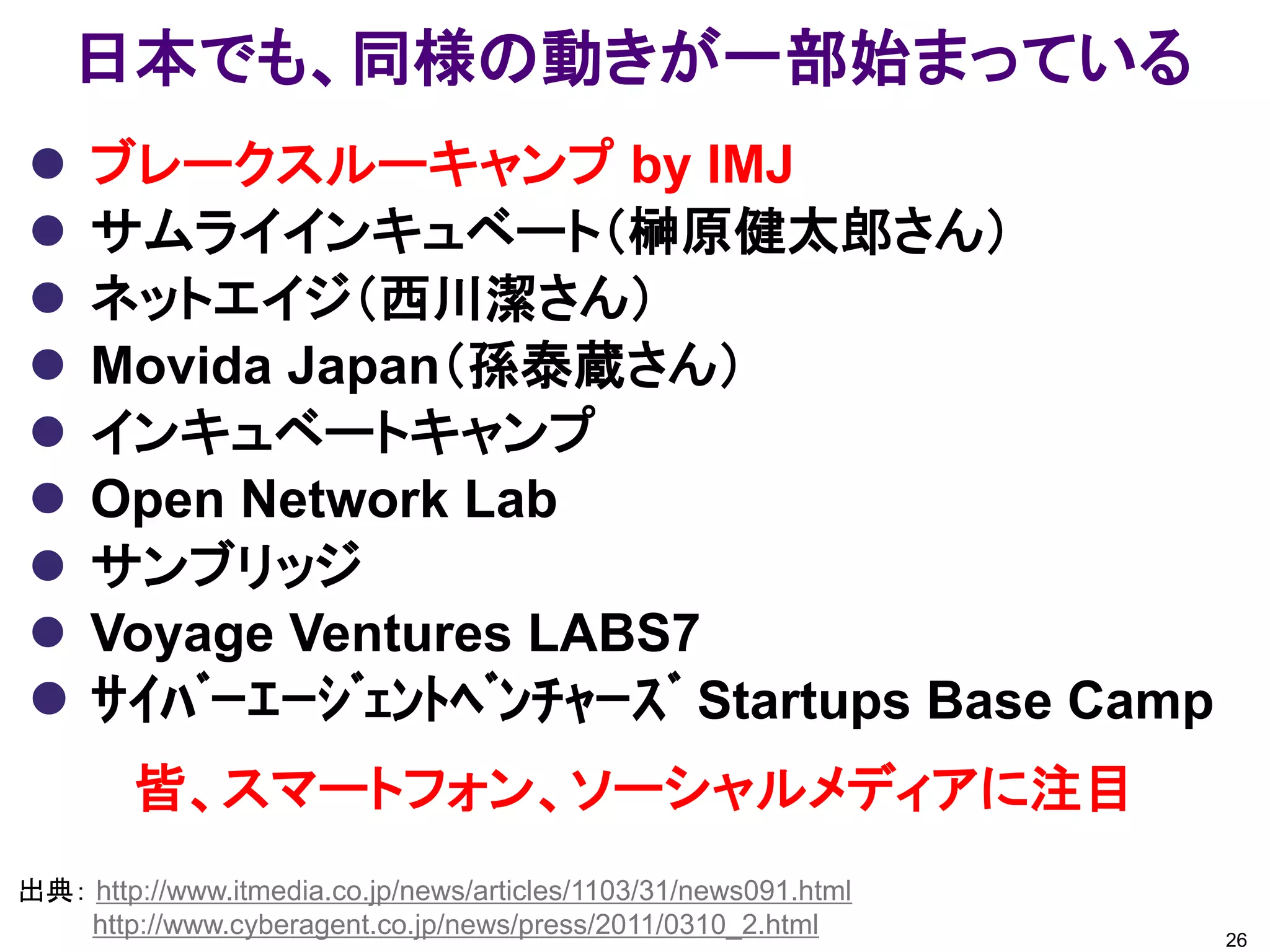 日本でも、同様の動きが一部始まっている
 ブレークスルーキャンプ by IMJ
 サムライインキュベート（榊原健太郎さん）
 ネットエイジ（西川潔さん）
 Movida Japan（孫泰蔵さん）
 インキュベートキャンプ
 Open Network Lab
 サンブリッジ
 Voyage Ventures LABS7
 ｻｲﾊﾞｰｴｰｼﾞｪﾝﾄﾍﾞﾝﾁｬｰｽﾞ Startups Base Camp
        皆、スマートフォン、ソーシャルメディアに注目
出典： http://www.itmedia.co.jp/news/articles/1103/31/news091.html
    http://www.cyberagent.co.jp/news/press/2011/0310_2.html       26
 