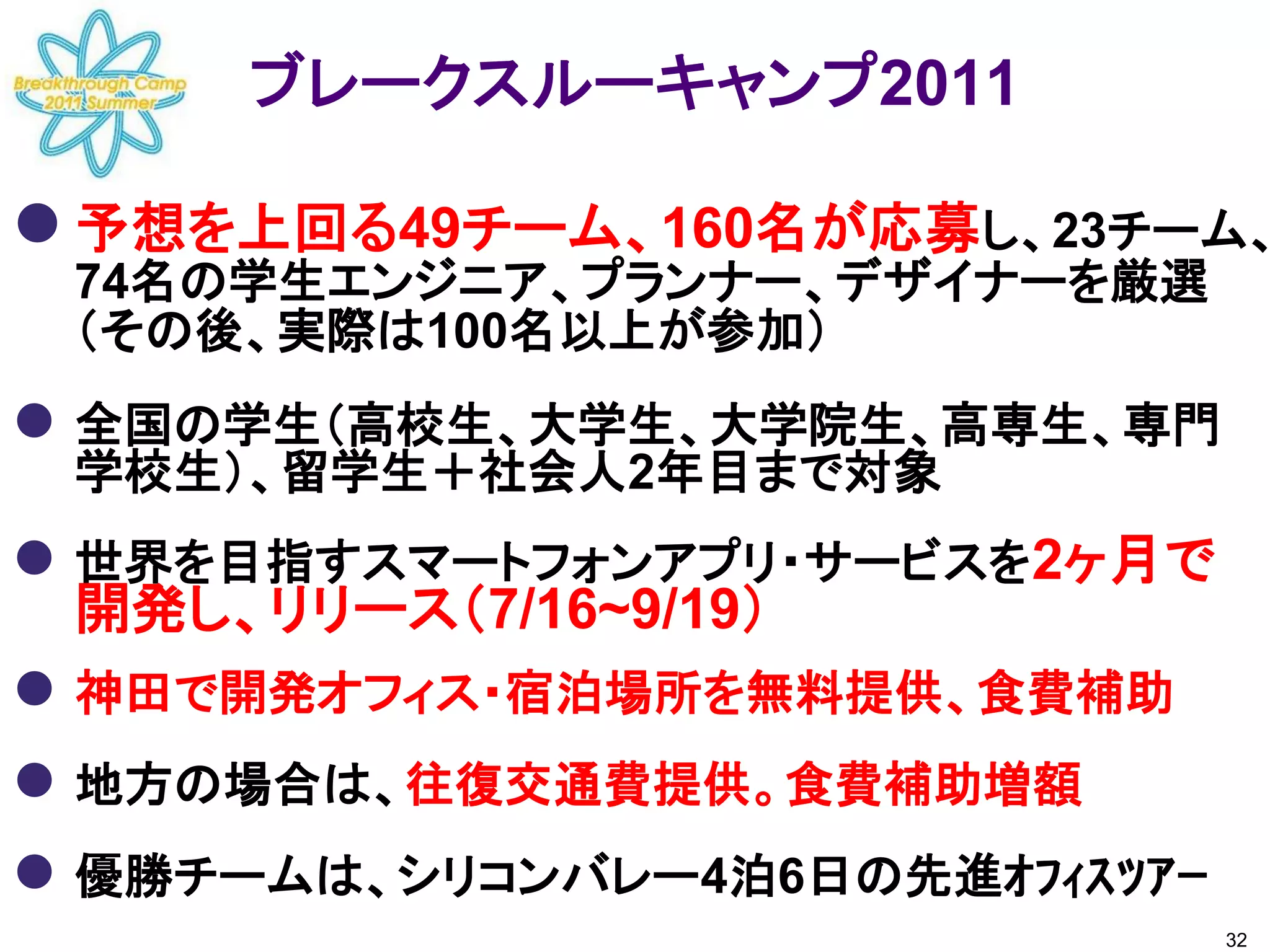 ブレークスルーキャンプ2011

 予想を上回る49チーム、160名が応募し、23チーム、
 74名の学生エンジニア、プランナー、デザイナーを厳選
 （その後、実際は100名以上が参加）
 全国の学生（高校生、大学生、大学院生、高専生、専門
 学校生）、留学生＋社会人2年目まで対象
 世界を目指すスマートフォンアプリ・サービスを2ヶ月で
  開発し、リリース（7/16~9/19）
 神田で開発オフィス・宿泊場所を無料提供、食費補助
 地方の場合は、往復交通費提供。食費補助増額
 優勝チームは、シリコンバレー4泊6日の先進ｵﾌｨｽﾂｱｰ
                                 32
 