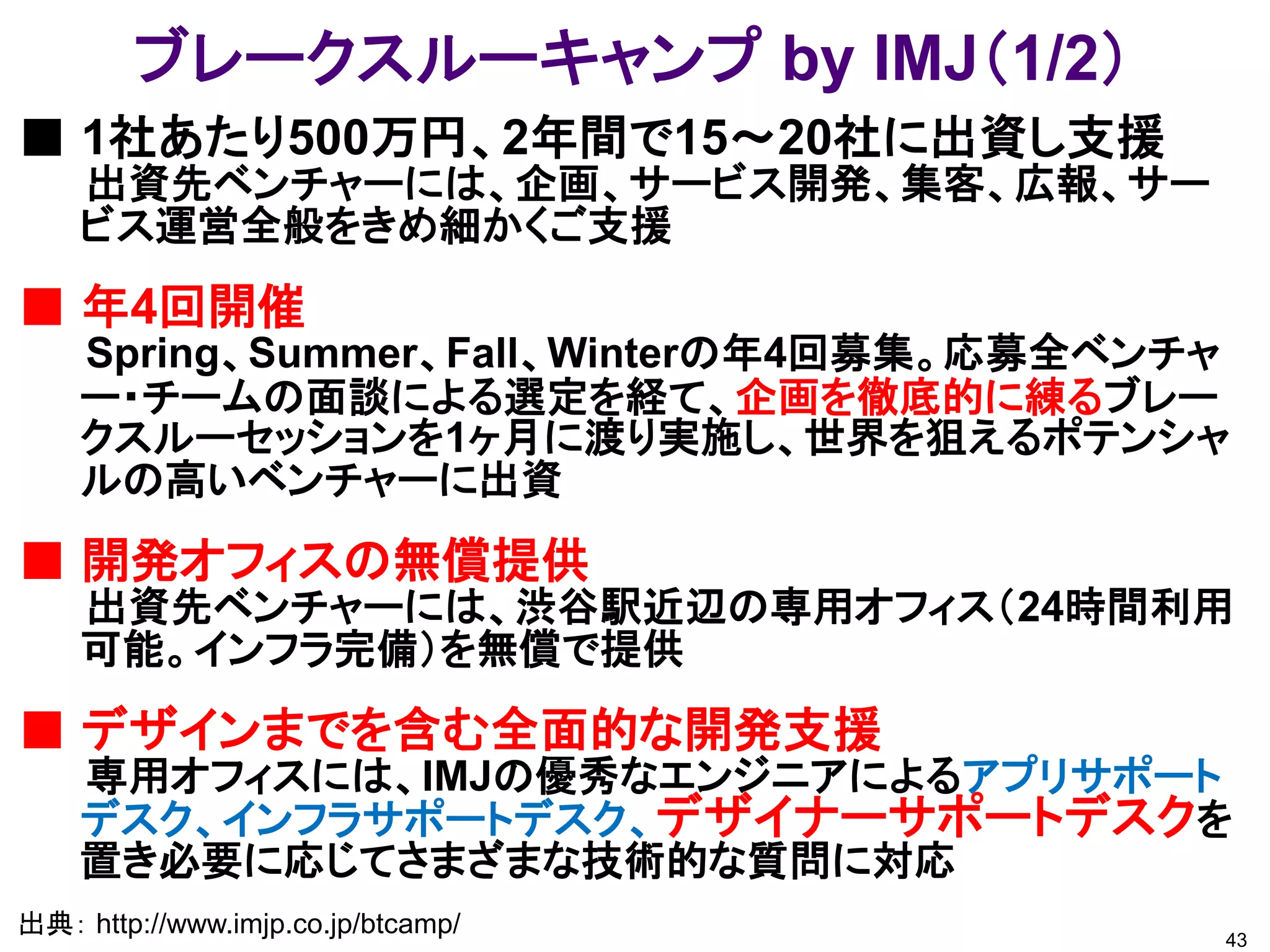 ブレークスルーキャンプ by IMJ（1/2）
■ 1社あたり500万円、2年間で15～20社に出資し支援
    出資先ベンチャーには、企画、サービス開発、集客、広報、サー
    ビス運営全般をきめ細かくご支援
■ 年4回開催
    Spring、Summer、Fall、Winterの年4回募集。応募全ベンチャ
    ー・チームの面談による選定を経て、企画を徹底的に練るブレー
    クスルーセッションを1ヶ月に渡り実施し、世界を狙えるポテンシャ
    ルの高いベンチャーに出資
■ 開発オフィスの無償提供
    出資先ベンチャーには、渋谷駅近辺の専用オフィス（24時間利用
    可能。インフラ完備）を無償で提供
■ デザインまでを含む全面的な開発支援
    専用オフィスには、IMJの優秀なエンジニアによるアプリサポート
    デスク、インフラサポートデスク、デザイナーサポートデスクを
    置き必要に応じてさまざまな技術的な質問に対応
出典： http://www.imjp.co.jp/btcamp/         43
 