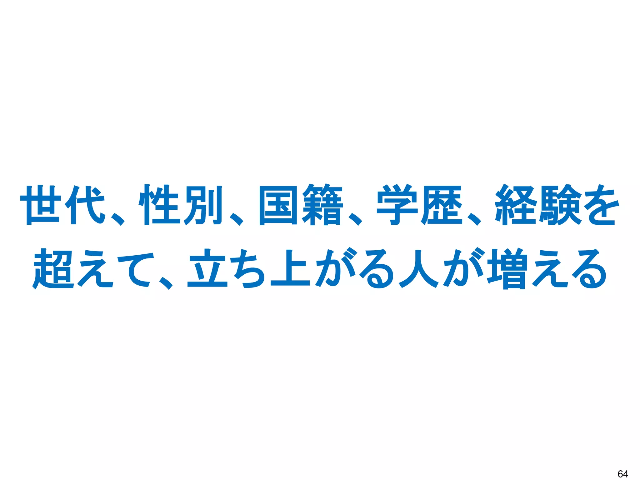 世代、性別、国籍、学歴、経験を
超えて、立ち上がる人が増える



              64
 