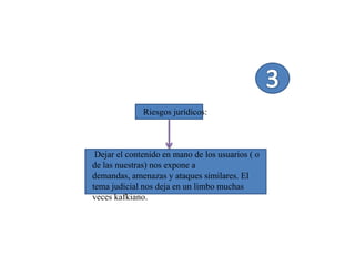 Riesgos jurídicos:



 Dejar el contenido en mano de los usuarios ( o
de las nuestras) nos expone a
demandas, amenazas y ataques similares. El
tema judicial nos deja en un limbo muchas
veces kafkiano.
 
