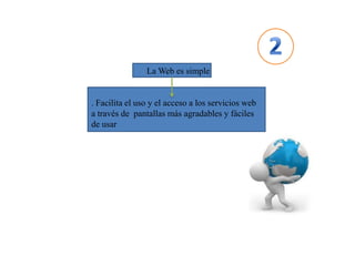 La Web es simple


. Facilita el uso y el acceso a los servicios web
a través de pantallas más agradables y fáciles
de usar
 